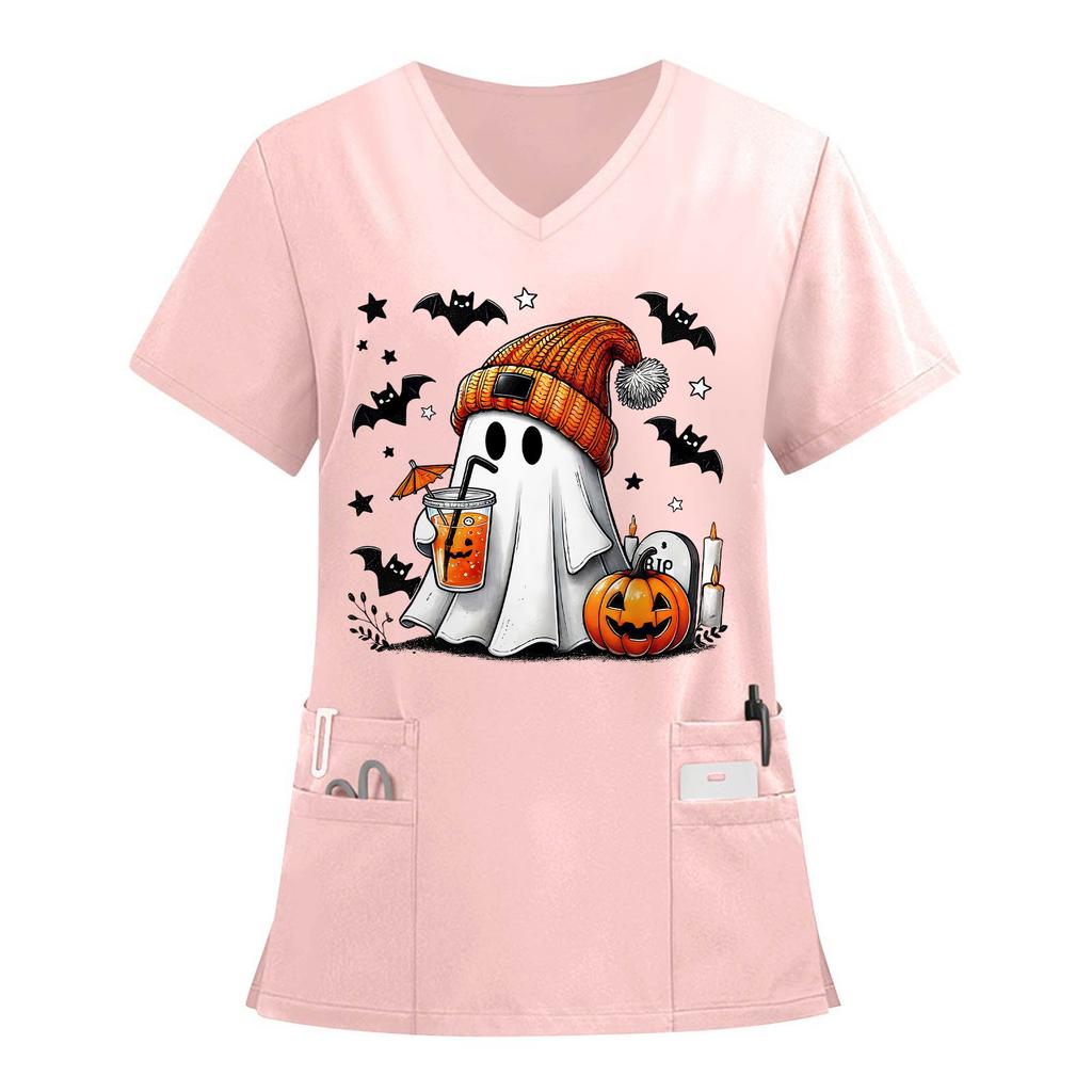 Women's V-neck Halloween Printed Short-sleeved Pocket Side-slit Protective Suit Top