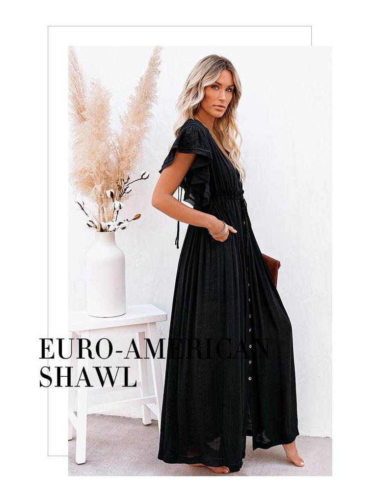 Solid Color Beach Cover-Up Long Dress with Sun Protection