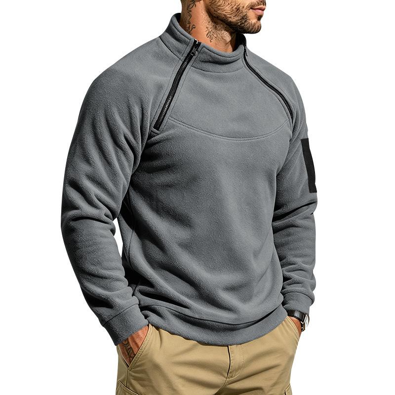 Men's Warm Polar Fleece Stand Collar Sweatshirt Asymmetric Half Zip Long Sleeve Pullover Top with Arm Pocket Outdoor Casual Shirt