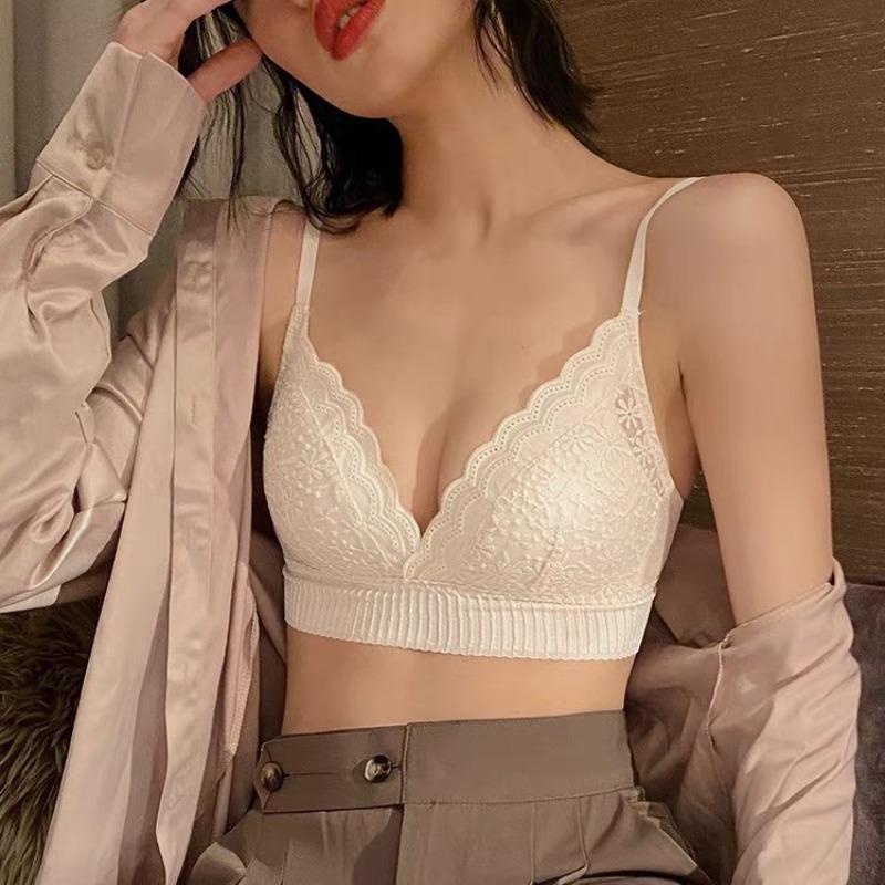 Women's French Naked-Feel Bra Sexy Thin Style Small Bust Lace Triangle Cup Push Up Wireless Seamless Underwear