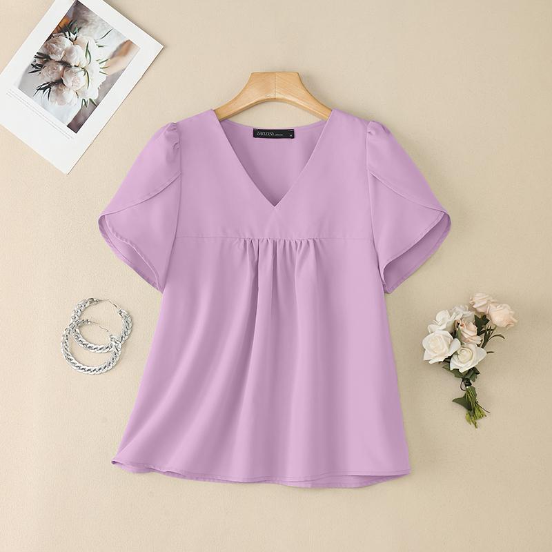 ZANZEA Dámská letní ležérní halenka s krátkým rukávem a výstřihem do V