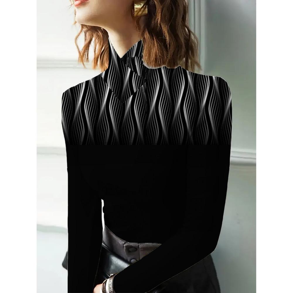 Women's cheongsam collar long-sleeved T-shirt, white polka dot striped positioning pattern printing, suitable for all seasons