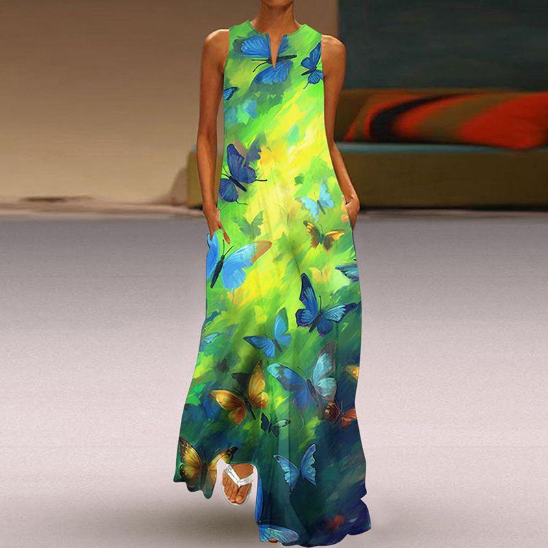 Fashion Plus Size Fancy Dress 3D Print Fashion V Neck Pocket Long Dress Large Swing Sexy Sleeveless Beach Dress