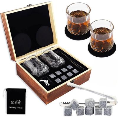 Coffret cadeau pour whisky, comprenant 2 verres à whisky, 8 pierres à whisky rafraîchissantes, emballé dans une boîte cadeau en bois