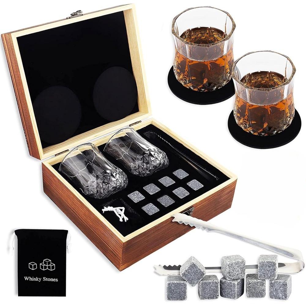 Whiskey stone gift set, including 2 whiskey glasses, 8 cooling whiskey stones, packed in a wooden gift box