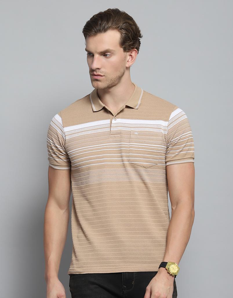 Monte Carlo Mens Striped Brown Collar Neck Half Sleeve T-Shirt