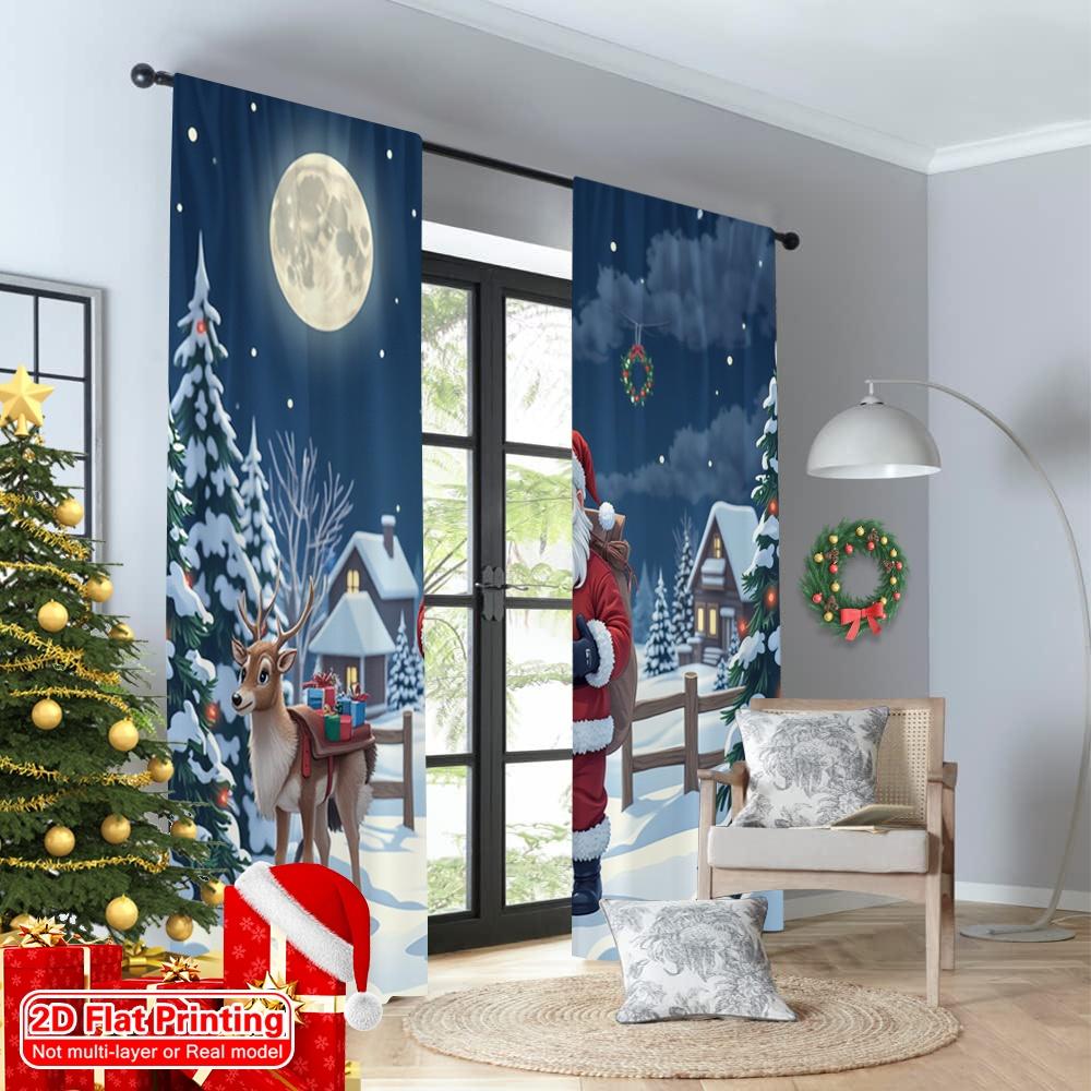2pcs 2D Flat Printing Christmas Window Curtains Santa Claus Reindeer Snow Christmas Fabric Without Electricity Birthday Party