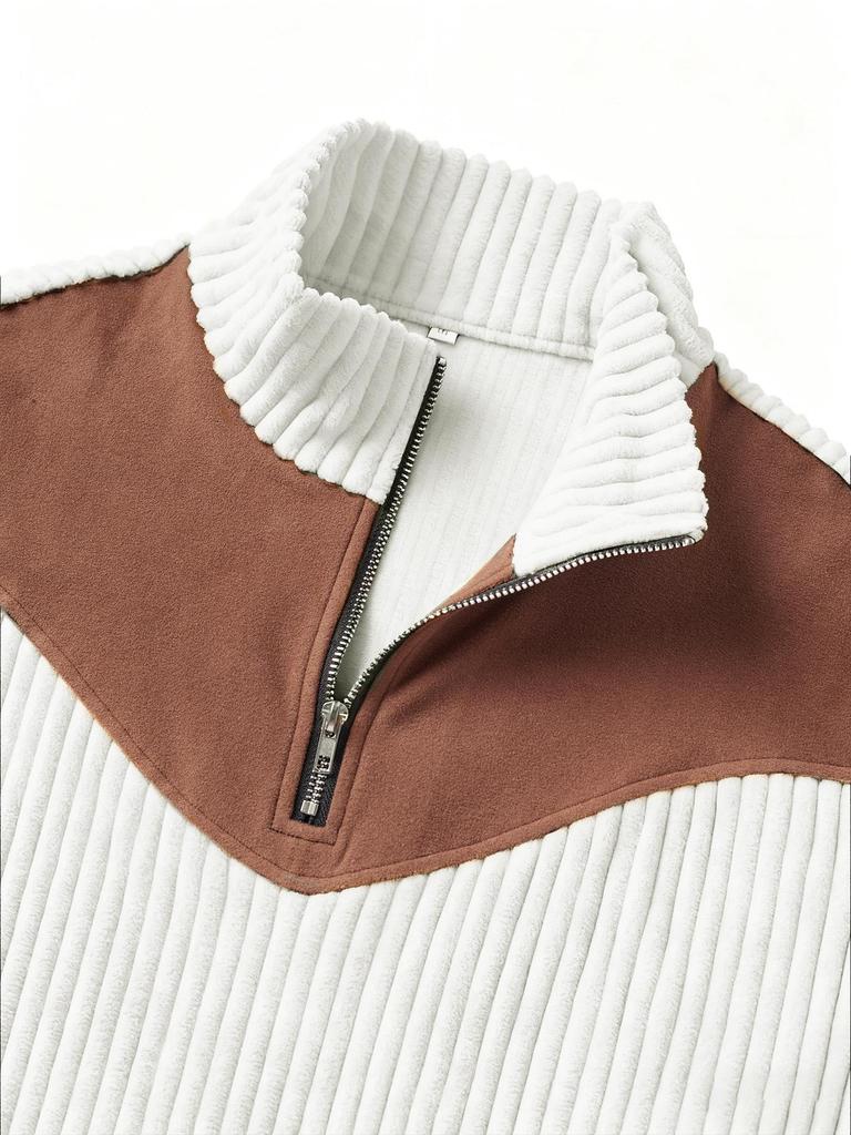 Men's Retro Stand-Up Collar Ribbed Pullover - Half-Zip, Warm Patchwork for Autumn/Winter Christmas Gift