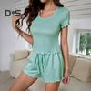 Women's Pajamas Set Short Sleeve Crew Neck Top Elastic Waist Drawstring Shorts Ruffle Lounge Set Summer 2 Piece Sleepwear Set