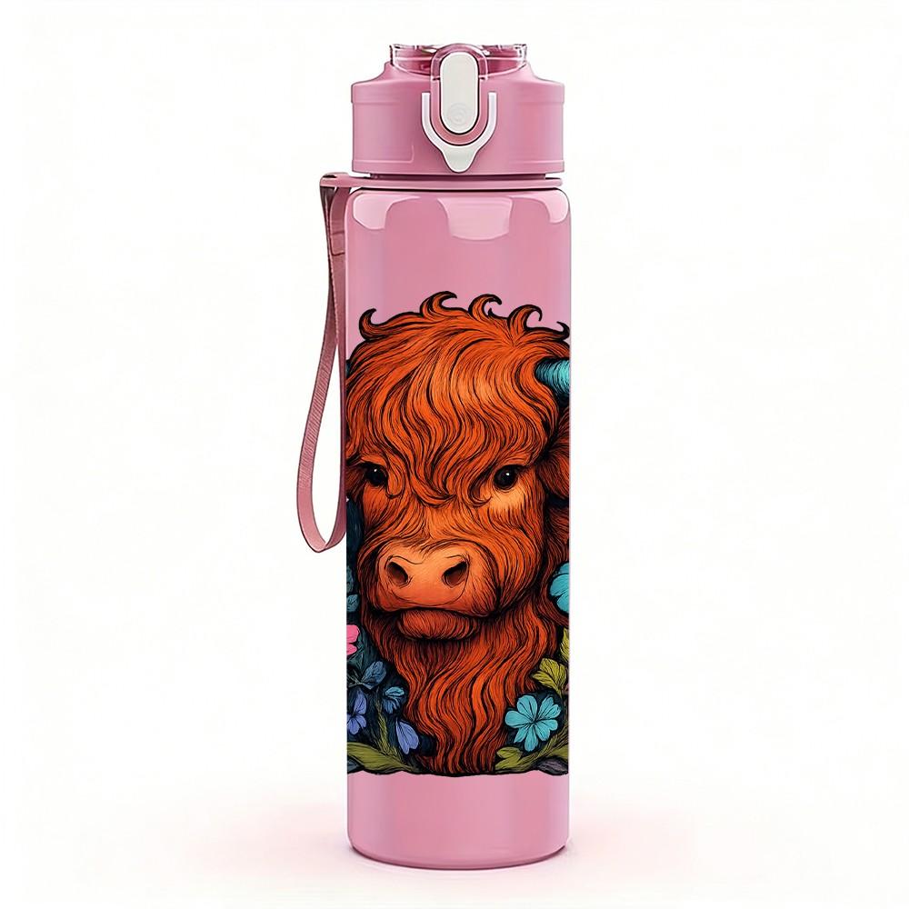 1PC Buffalo Bull Flower Portrait 750ml Color Plastic Sports Water Bottle Leakproof Flip Straw Lid Suitable for Sports Office Home Use