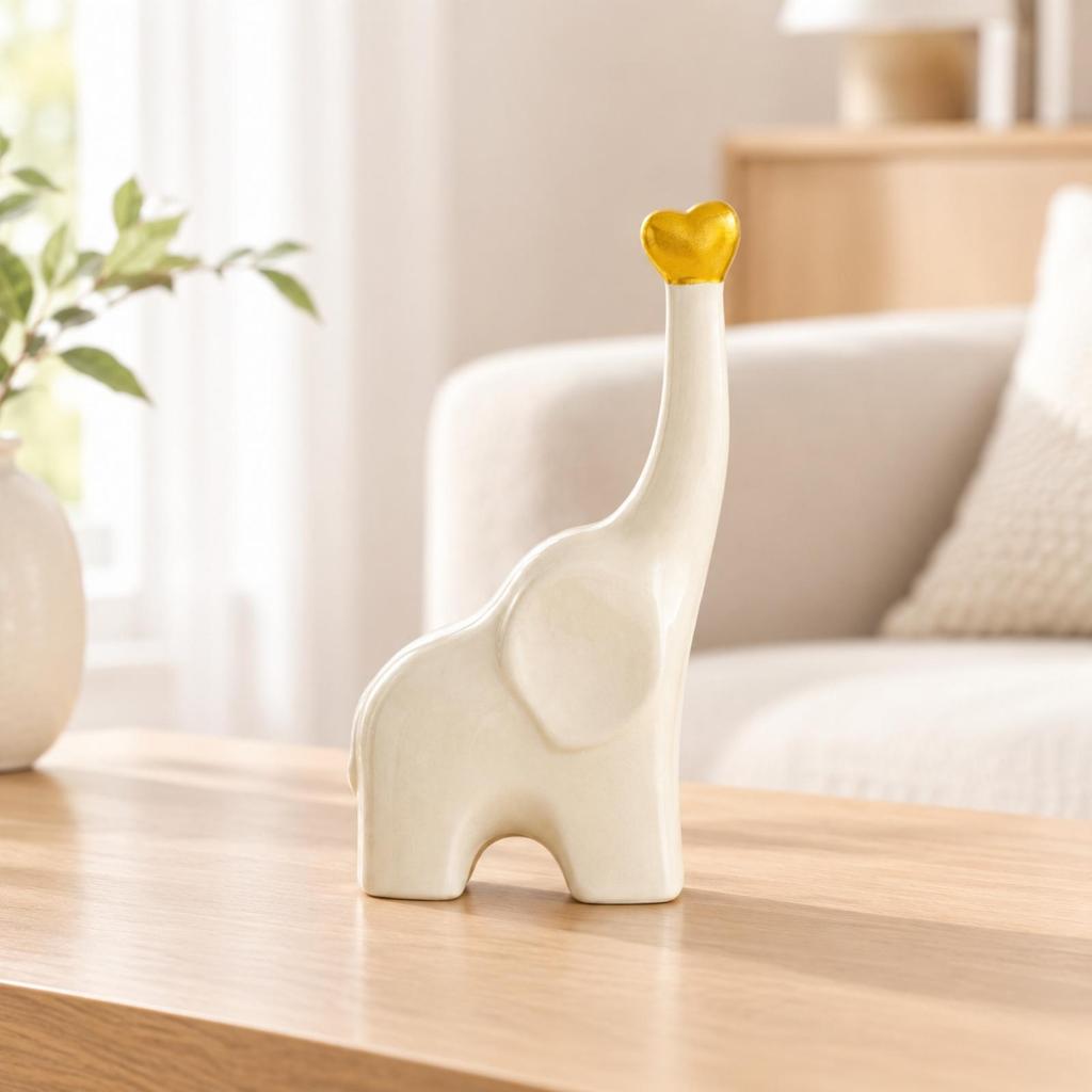 Ceramic Elephant Figurine with Lustrous Heart Decoration Detail Small Size Pale