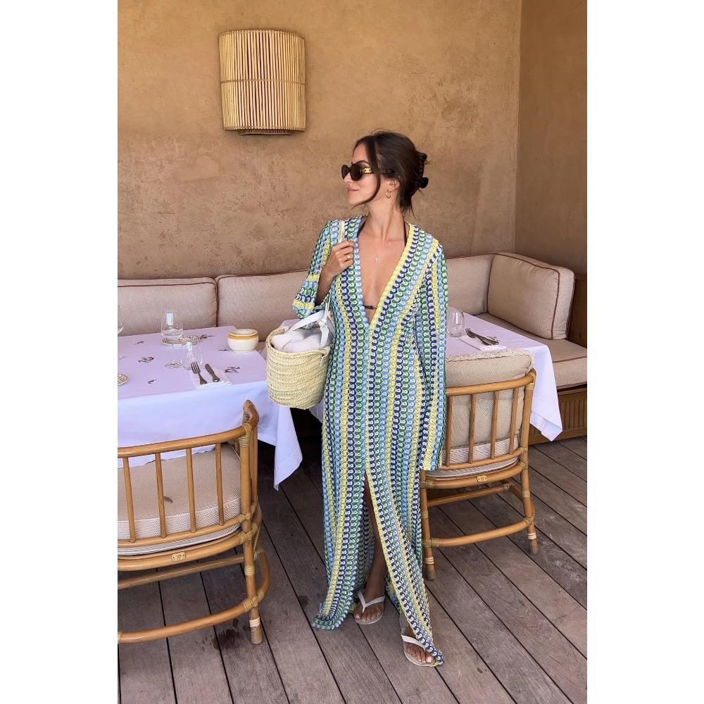 Crochet Colorful Stripe Maxi Dress Women Flare Sleeve V-neck High Split Sexy Long Dresses Beach Banquet Vestidos