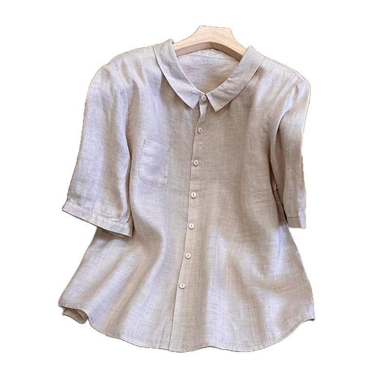 Lapel Cotton and Linen Short-sleeved Shirt Summer Thin Loose Solid Color Temperament Retro Casual Large Size Top