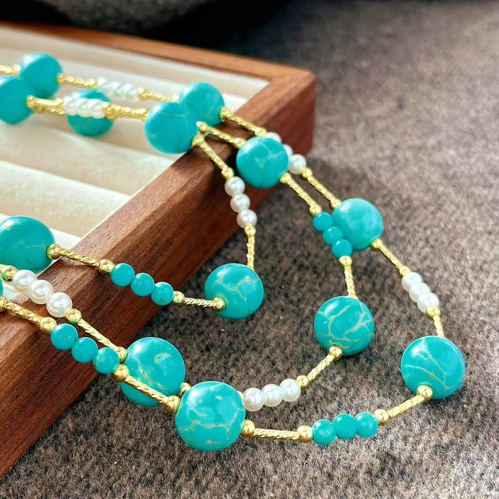 Vintage Vibe Artificial Turquoise Crystal Pearl Sweater Chain Necklace Collarbone Chain