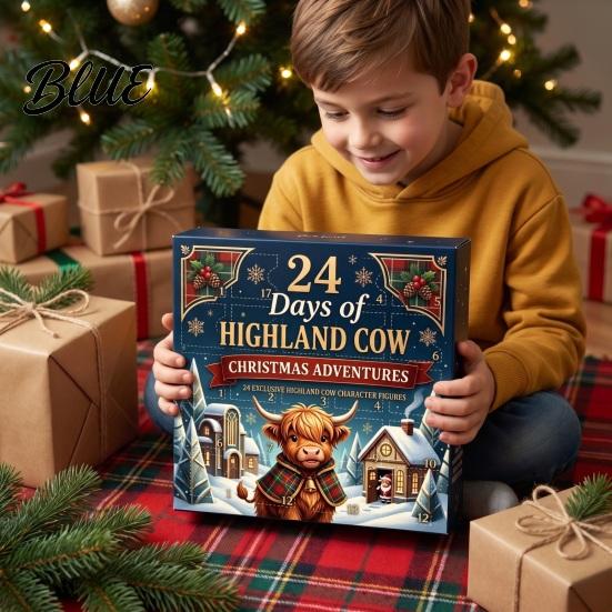 Desktop Holiday Ornaments 24 Days of 3D Highland Cow Christmas Advent Calendar, Cute Farm Party Favors Cattle Countdown Calendar with Mini Figurines