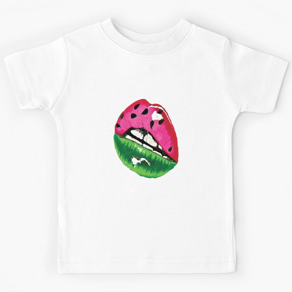 watermelon kiss with red green lips and shiny black seeds pattern Kids T-Shirt 160