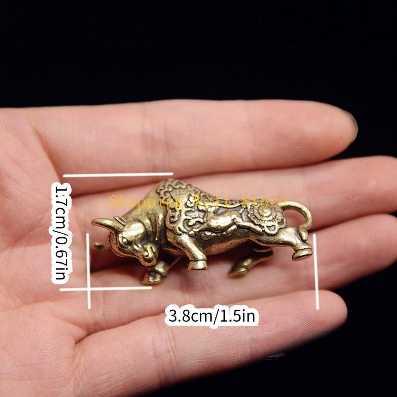 KX4B Mässing Oxe Staty Fengshui Tjurfäktning Miniatyr Figur Kedja Hängande Berlock