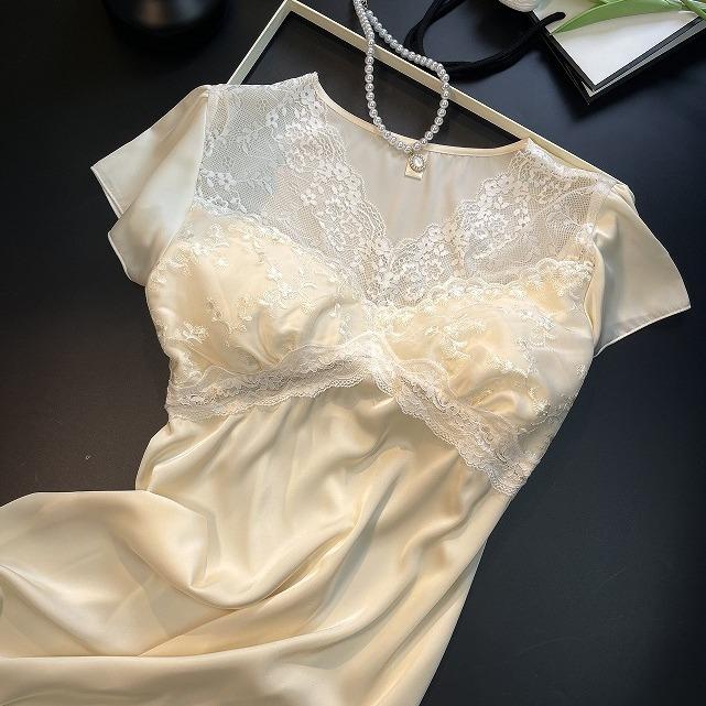 Women’s Summer French Style Ice Silk Short Sleeve Nightgown Long Fairy Dress Lightweight Sleepwear Loungewear Wearable Outdoors