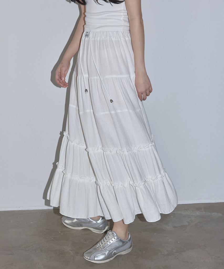 Soleubi Side Zipper Tiered Long Skirt / White