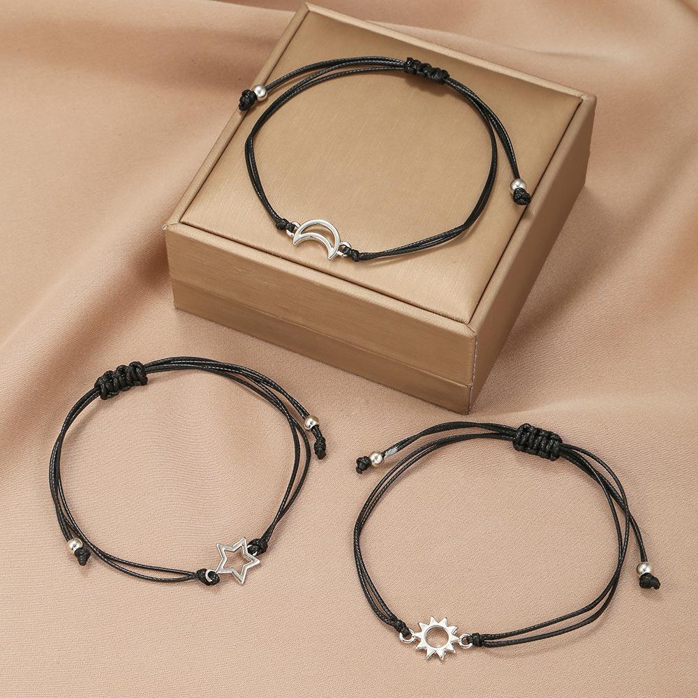 New Friendship Card Bracelet, European and American Personalized Sun and Moon Star Wax Rope Woven Bracelet 3-piece Set