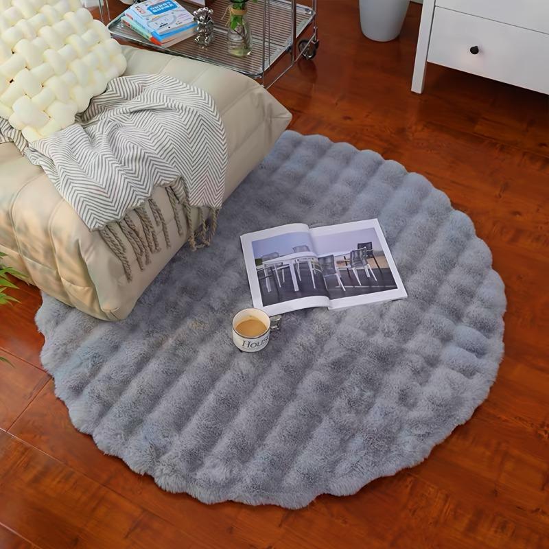 1pcs Creamy Style Polyester Plush Rug Round Solid Color Bubble Fleece Rabbit Fur-Like Window Seat Bedroom Bedside Mat
