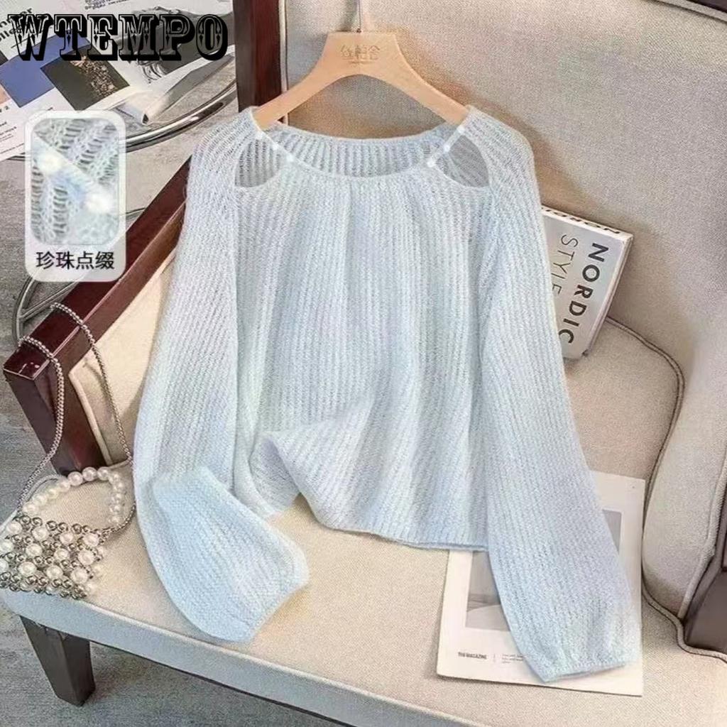 Knitted Shirt for Women Solid Color Hollow Round Neck Top Thin Long Sleeve Pullover Shirts