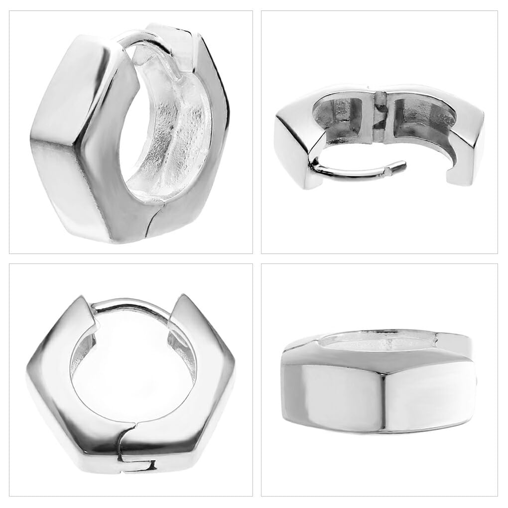 [Shinjuku Gin no Kura] Hexagon Hoop Earrings, 925 Sterling Silver, Single Earring, Hexagonal Geometric Pattern, Simple, Catchless