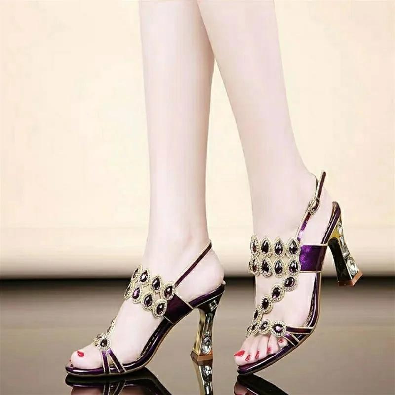 fashion High Heels Temperament Diamond Sandals Summer Woman Party Shoes Fashion Brick Crystal Thick Heel Square Heel Sandals