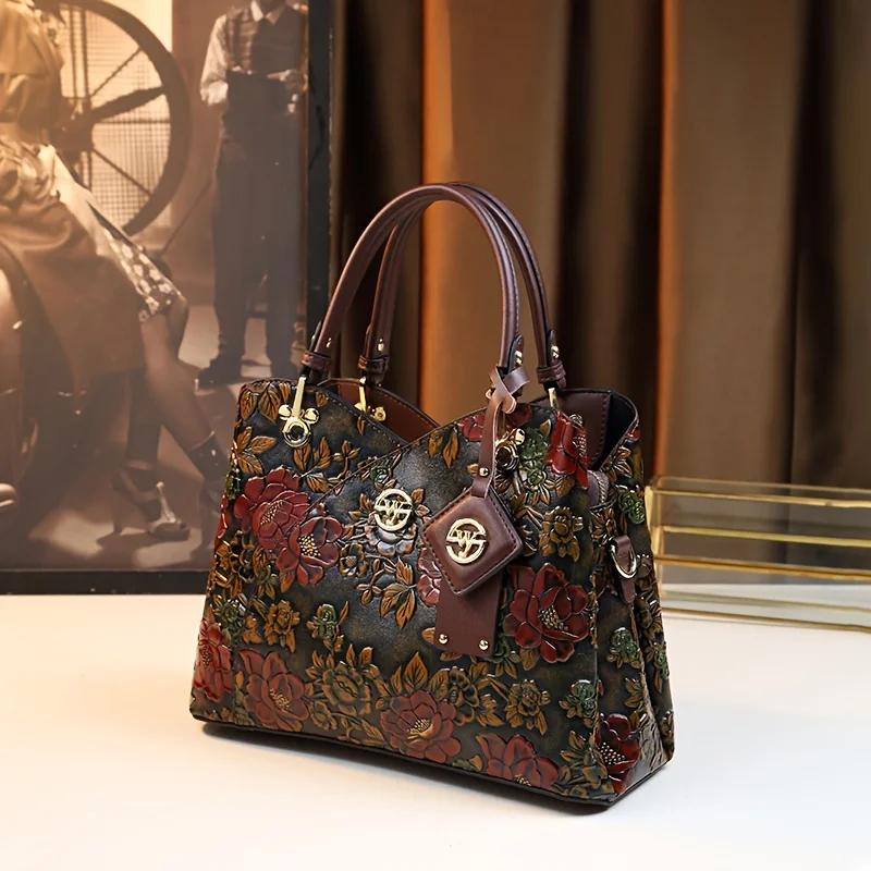 Vintage Flower Pattern Handbag, Luxury Pu Leather Tote Bag, Fashion Crossbody Bag For Women