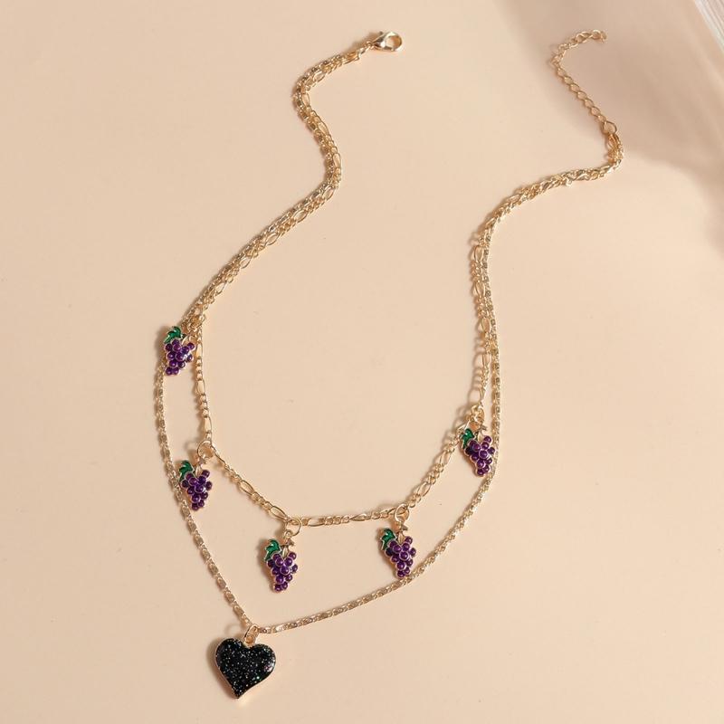 Trendy INS Style Neck Chain Jewelry Sweet Cool Double Layer Necklace with Lovely Cherry/Grape and Heart Pendant Charm