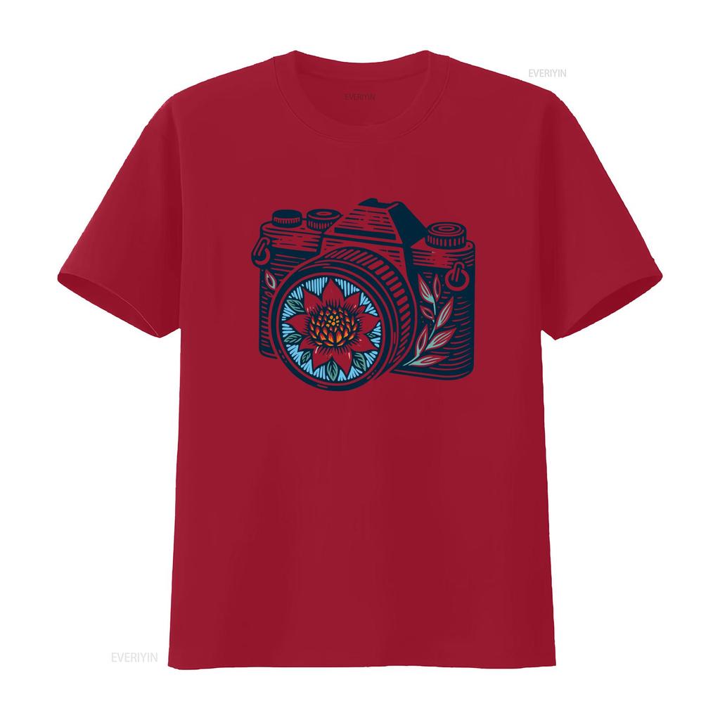 Vintage Boho Floral Camera Print Casual Photography Lover T Shirt vintage Washed fashion streetwear Slightly Breathable