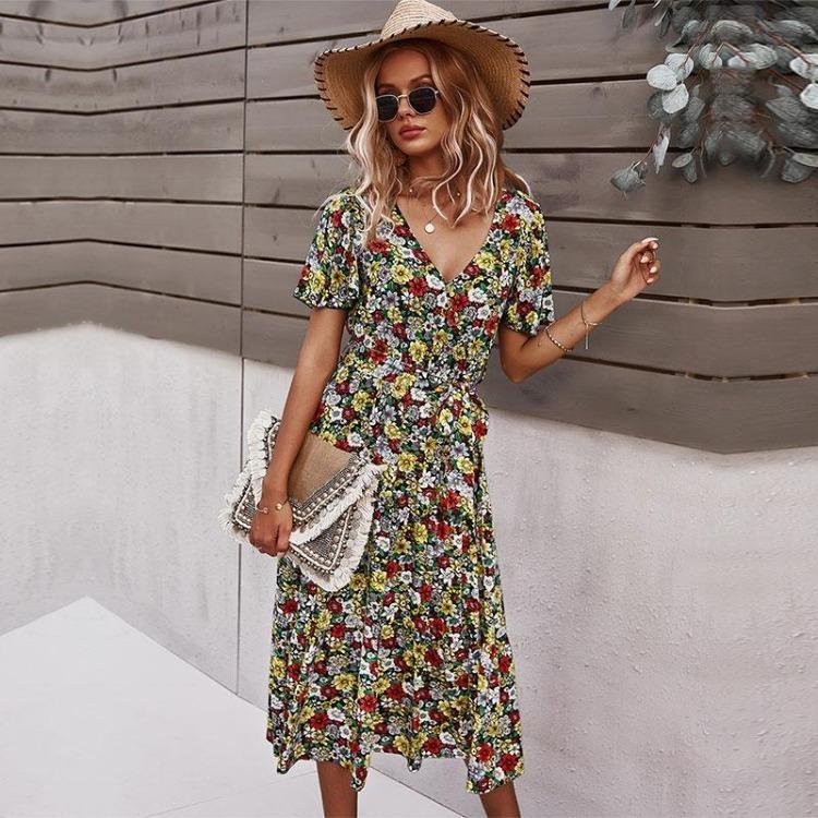 Floral Print Summer Casual Women Dress High Waist V Neck S-XL Spring