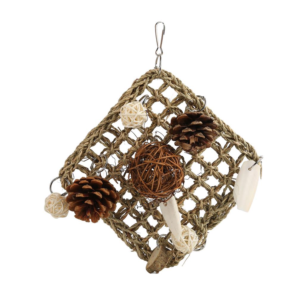Parrot Climbing Mat Toy Seagrass Woven Bird Hammock Chewing Net with Cuttlefish Bone for Lovebird Cockatiel