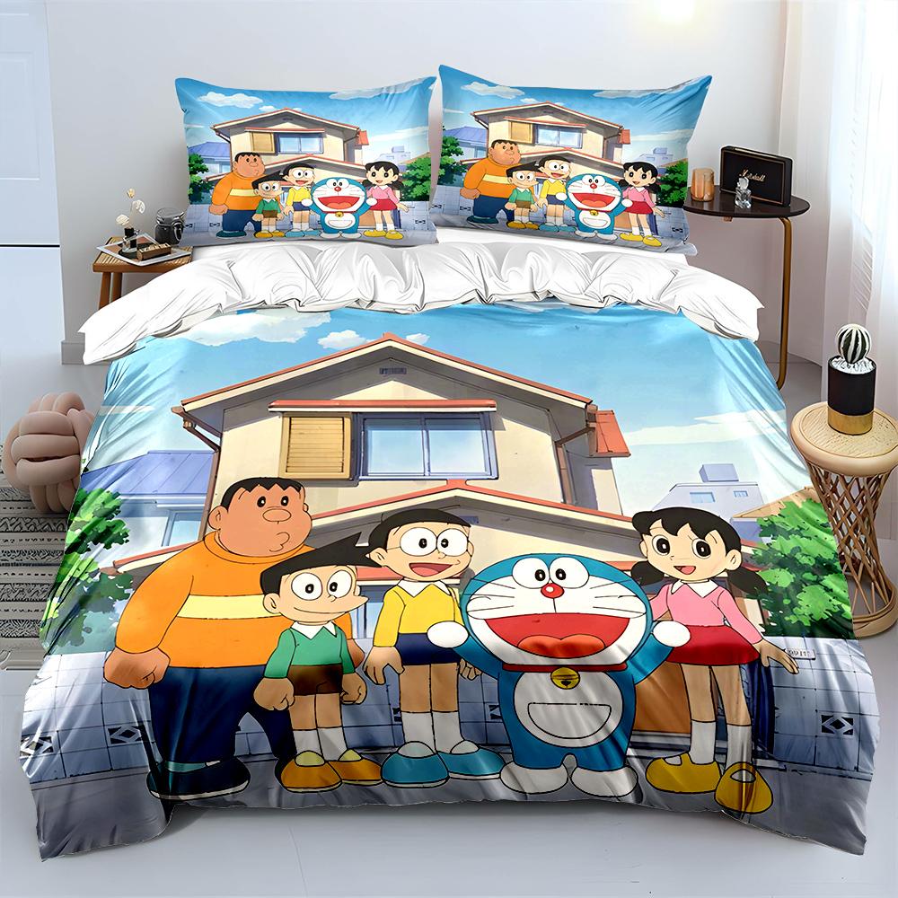 D-Doraemon mit Freunden Bedrucktes Bettwäscheset für Kinder Jungen Mädchen Neue 3D-Bedruckte Bettdecke Bettbezug Kissenbezug Schlafzimmer Dekor