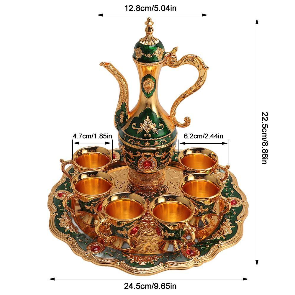8PCS Zinc Alloy Wine Pot Kit Gold Green Turkish Tea Set Tea Sets Coffee Pot Set  Home Party Decor