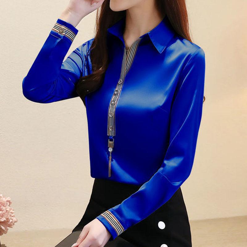 Commuter Turn-down Collar Solid Button Patchwork Fashion Blouses Pullovers Ladies Elegant Long Sleeve Slim Shirt Women Clothing