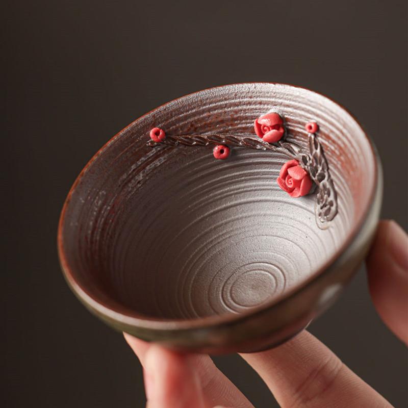 1 Pc Chinese Hand-kneading Plum Blossoms Tea Cup Handmade Pottery Tea Bowl Household Teaware Master Teacup Travel Meditation Cup