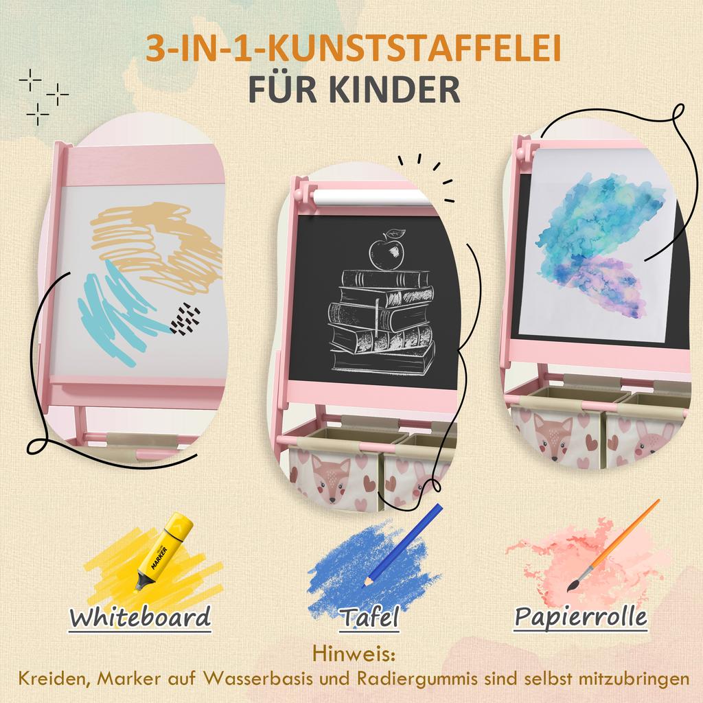 Three-In-One Kids Easel with Paper Roll, Art Easel, with Storage - Pink