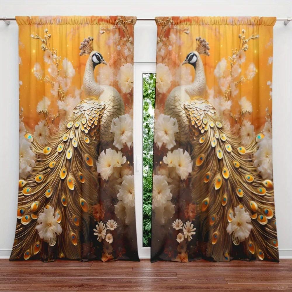 2pcs Elegant Floral Peacock Curtain   Room Darkening   Polyester   Home Decor   Holiday Window   Rod Pocket Curtain
