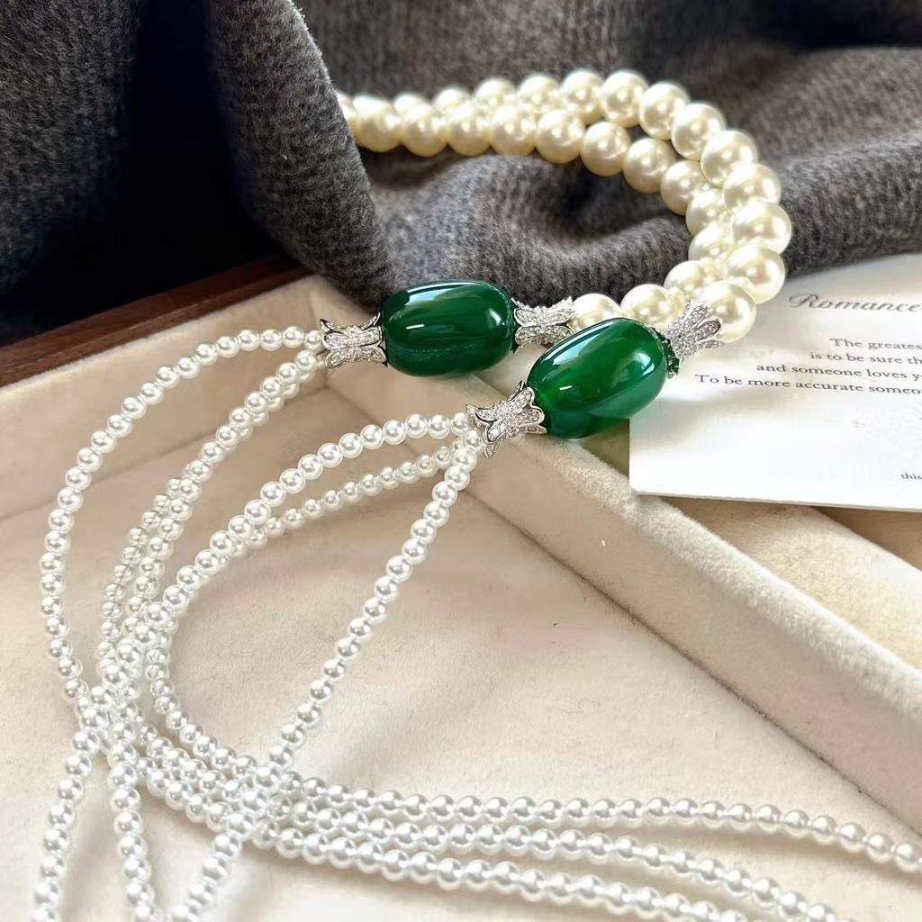 Vintage High-Quality High-Gloss Faux Crystal Pearl Sweater Chain Chalcedony Agate Necklace