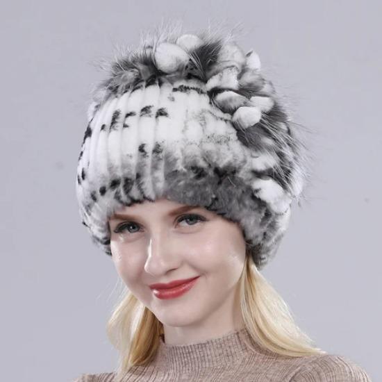 Brand Women Genuine Rex Rabbit Fur Hats Winter Rex Rabbit Fur Beanies Striped Top Flower Fox Fur Warm Real Fur Knit Caps