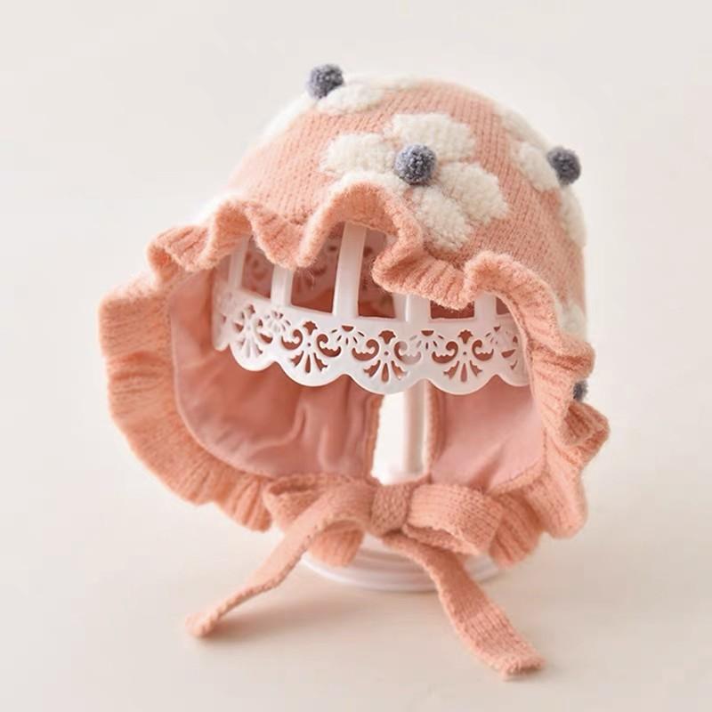 

Korean Floral Baby Princess Hat Winter Warm Knit Wool Cap for Infant Cute Flower Toddler Girls Ruffle Ear Protection Caps рожевий