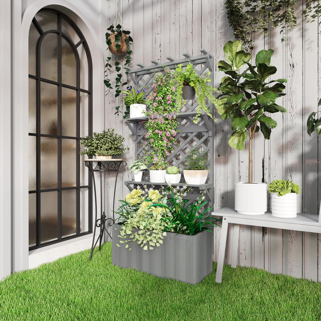 52L Wooden Planter, with Trellis and Shelves - Grey
