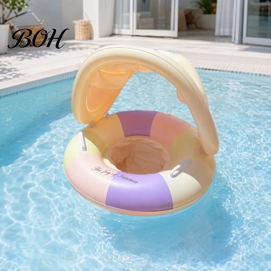 Lightweight Swim Float Baby Pool with Canopy, Vintage Striped Inflatable Ring Safety Seat & Handle, Sun Protection Swimming for Toddler Kids