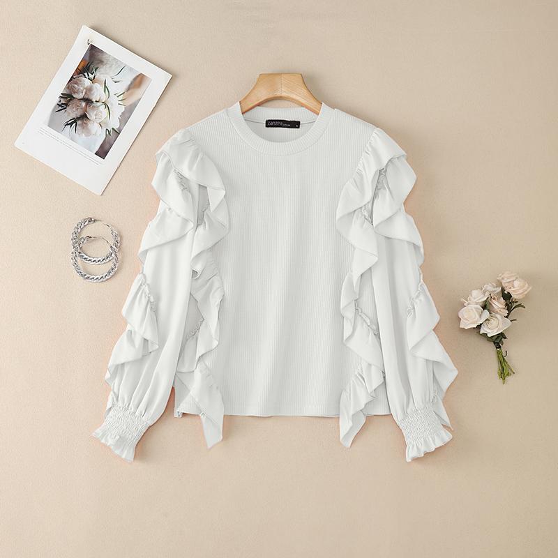 

ZANZEA Women Casual Round Neck Ruffles Splice Long Sleeve Blouse 2XL білий