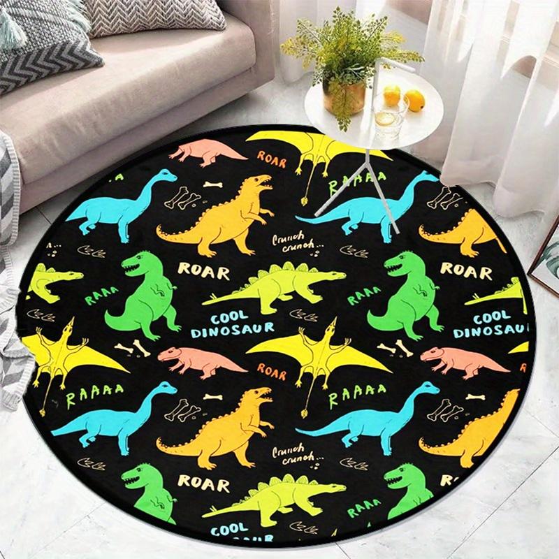 Dinosaur Cartoon Round Rug Crystal Velvet Floor Mat Kids Room Baby Play Mat Cool Dinosaur Design Nursery Bedroom Carpet