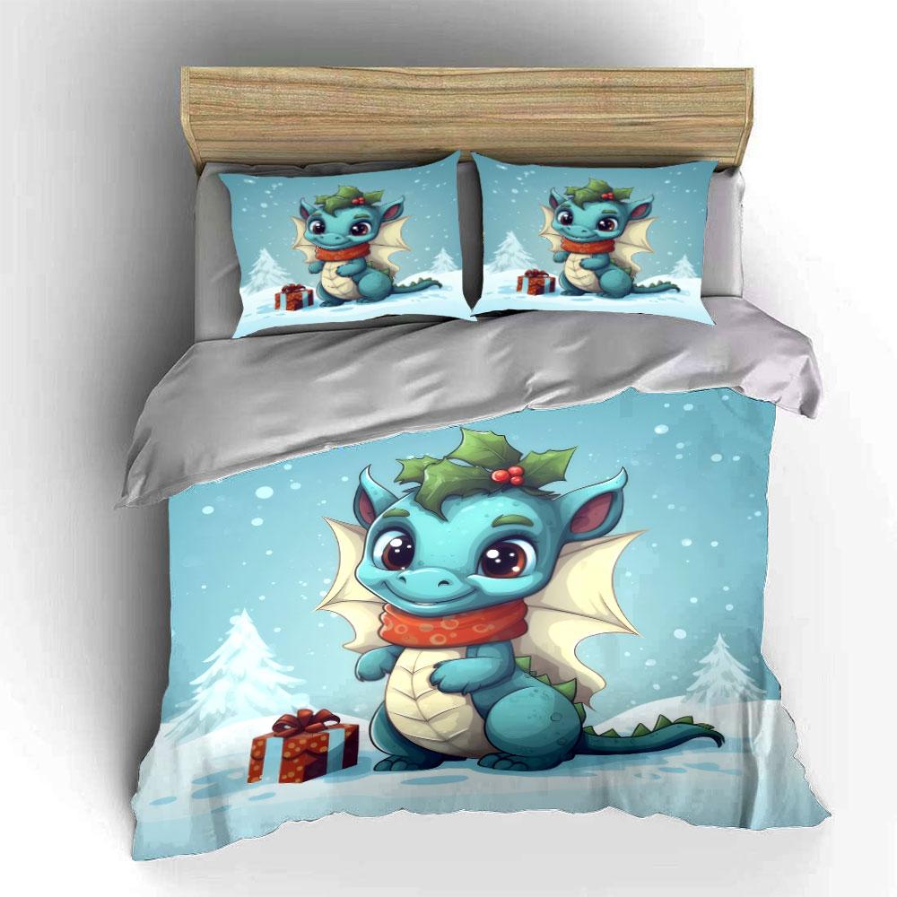 Cute Dragon with Gift Design Bedding Duvet Cover Set  (1*Duvet Cover 2*Pillowcases, without duvet insert)