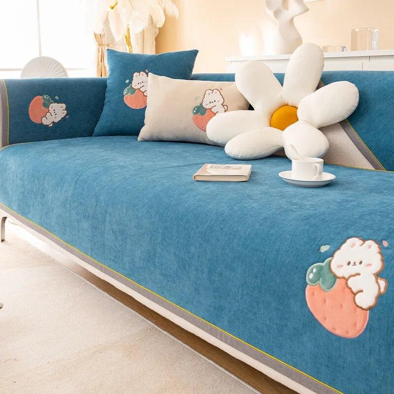 Cartoon Rabbit Sofa Cushion Non-Slip Thickening Sofa Cover Cushion Chenille Living Room Sofa Cover Universal Solid Color Mat