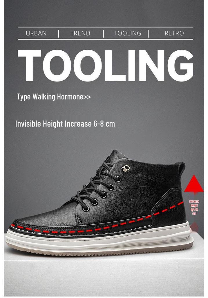 Men's Mid-Top Round Toe Lace-Up Leather Casual Shoes with Height Boost
