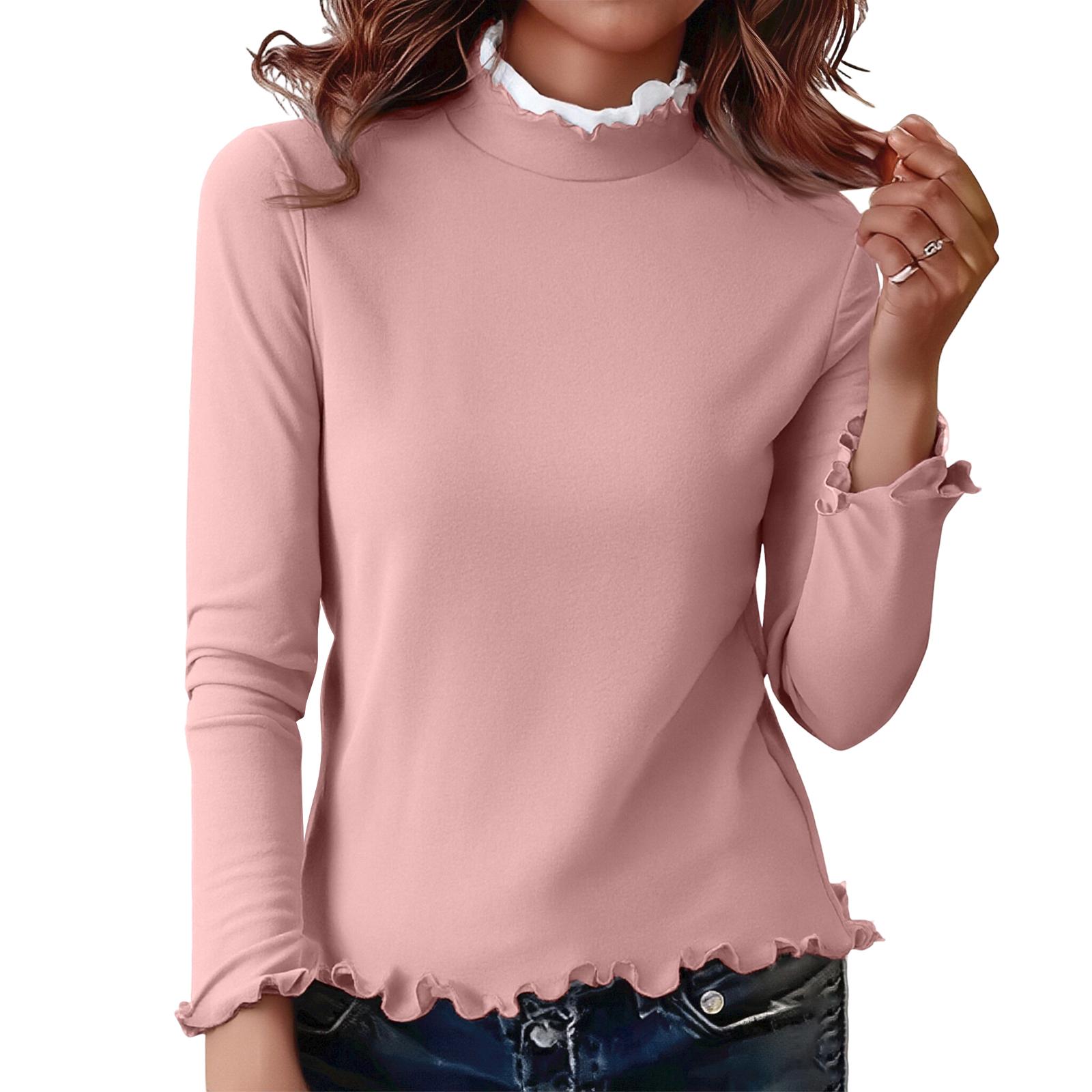

Ladies Slim Fit Pullover Shirt With Lace Collar, Black Fungus Edge, German Velvet Long Sleeved Base, Top L рожевий